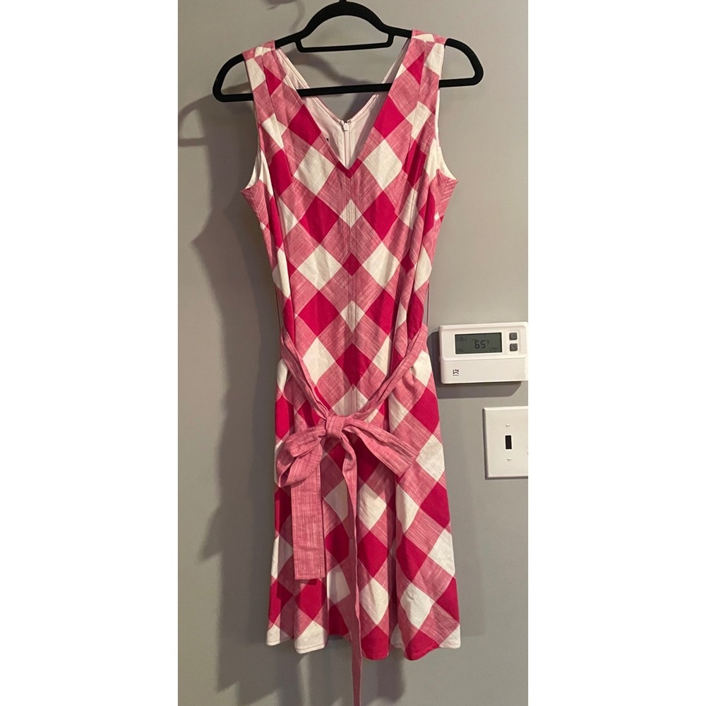 Talbots Gingham Dress Womens 8P Pink White Cotton V-Neck Sleeveless Fit & Flare